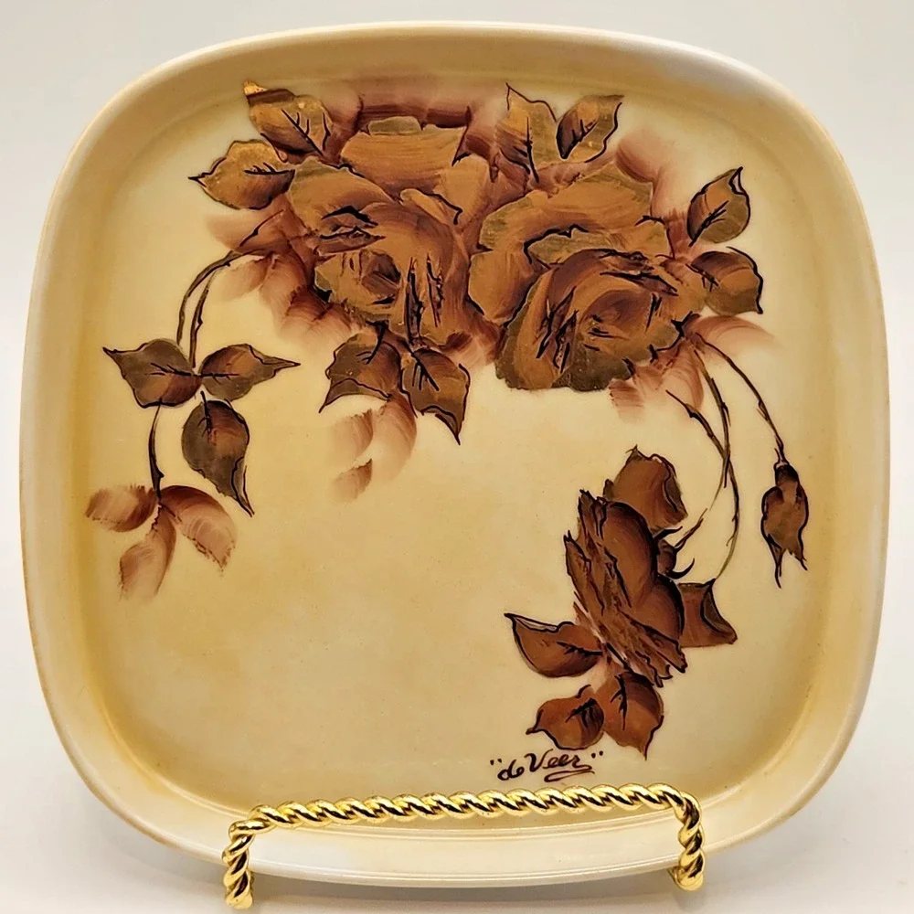 2 Signed Vintage Porcelain‎ Hand Painted Small Dishes with Roses & Gold Accents